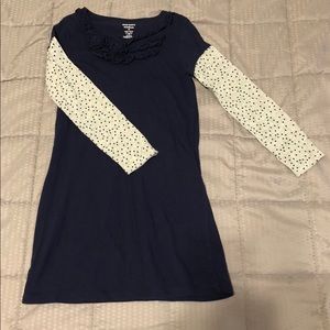 Girls navy dress with gray polka dot sleeves